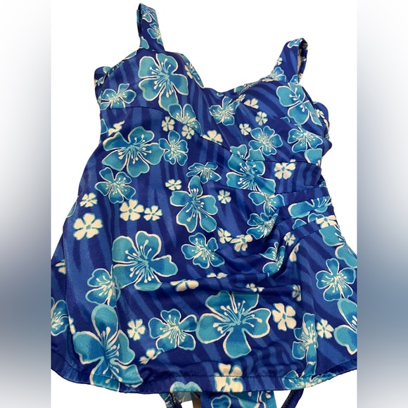 Le Cove Vintage Blue Tropical Hawaiian Floral Striped One Piece Swimsuit Dress - Picture 2 of 7